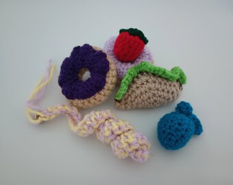 Catnip Cat Toys - Cat Approved! Handmade Crochet in Arizona Choose a Taco, a Donut, 2 Curly Swirlys, 2 Strawberries, or 2 Fish.