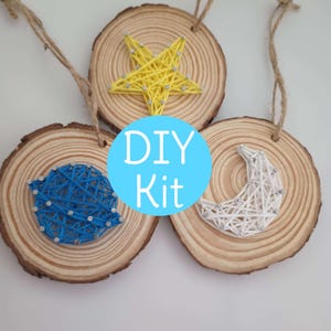 DIY Space String Art Kit - Planet, Moon, Star, Basswood. Purchase the Completed Set, Pre-Nailed Kit, or Nails with Template In Kit