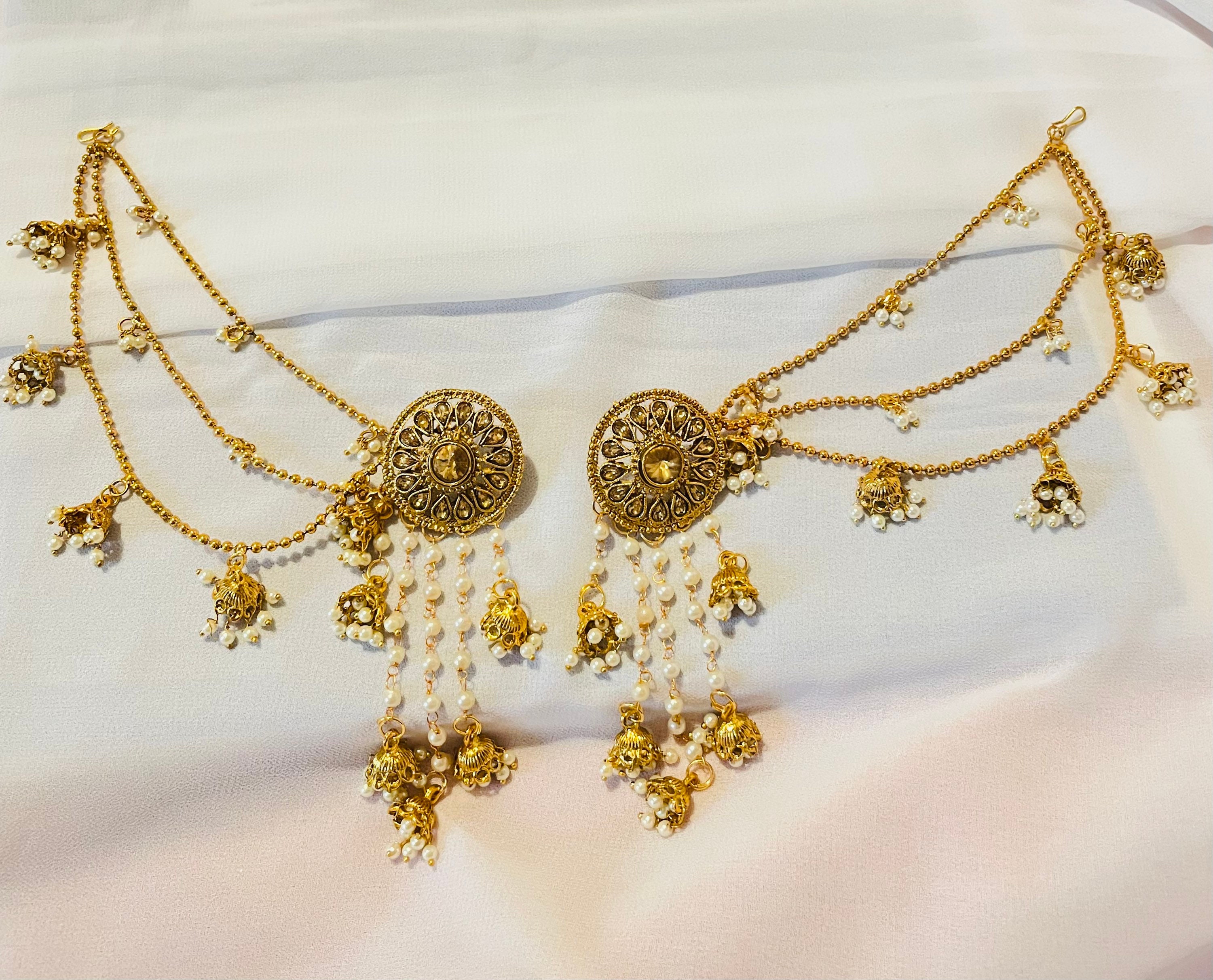 Traditional Gold Plated Floral Design Pink And White Color Stud With Three  Layered Pearls Hanging Jhumkas Hair Chain Bahubali Earrings