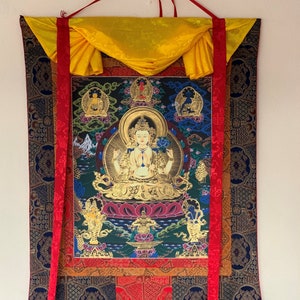 Four Armed Chenrezig/ Avalokiteshvara Bodhisattva  Tibetan Thangka Painting Original Buddhist Art with Premium Silk Brocade