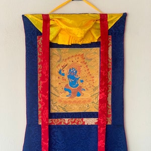 Mahakala/ Bhairava/ Kalavairava Tibetan Thangka Painting Original Art  with Silk Brocade