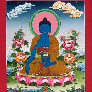 Medicine Buddha/ Bhaisajyaguru/ Master Healer Master-Quality Masterpiece Tibetan Thangka Painting/ Original Buddhist Meditation Art