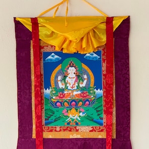 Chyangresi/Chenrezig/ Avalokiteshvara, Bodhisattva of Compassion, Original Tibetan Thangka/ Thanka Art/ Hand Painting with Silk Brocade
