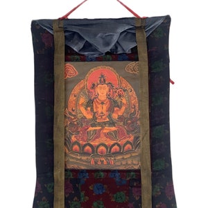 Four Armed Chenrezig/ Avalokiteshvara Bodhisattva Old Oil Varnished Tibetan Thangka Painting/ Original Buddhist Art  with Cotton  Brocade