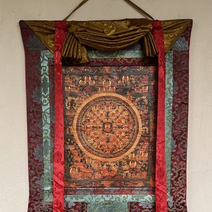 Buddha Life/ Wheel of Life/ Bhavachakra Mandala Old Oil Varnished Tibetan Thangka Painting Original Art  with Silk Brocade