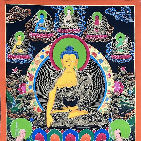 Shkayamuni Buddha/ Siddhartha Gautam with Pancha Buddha/ 5 Dhyani Buddha Orginal Master Quality Tibetan Meditation Thangka  Painting