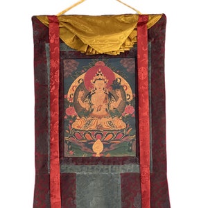 Four Armed Chenrezig/ Avalokiteshvara Bodhisattva Old Oil Varnished Tibetan Thangka Painting/ Original Buddhist Art  with Silk Brocade