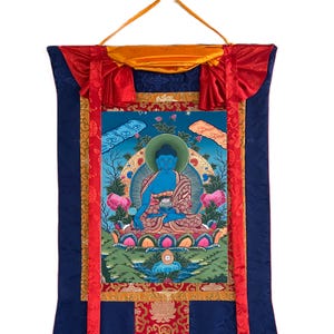 Medicine Buddha/ Bhaisajyaguru/ Master Quality Original Tibetan Thangka Painting/Healing Meditation Art mounted with Silk Brocade
