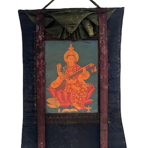 Mother Saraswati/ Goddess of Wisdom/ Learning and Music Thangka Painting/ Original Hindu-Buddhist Art/ Hand Painting with Silk Brocade