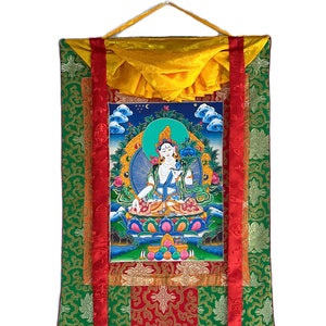 Witte Tara/Sitatara godin van mededogen Tibetaanse Thangka schilderij/originele handgeschilderde boeddhistische kunst met hoogwaardig zijdebrokaat