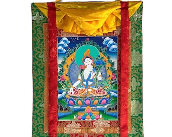 White Tara/Sitatara Goddess of Compassion Tibetan Thangka Painting/ Original Hand-Painted Buddhist Art with High-Quality Silk Brocade