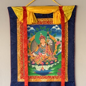 Padmasambhava, Guru Rinpoche Tibetan Thangka Painting Original Hand Painting/Art with Silk Brocade