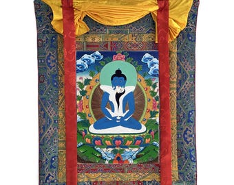 Buddha Shakti / Samantabhadra Meisterqualität tibetische Thangka-Malerei / Original buddhistische Kunst auf hochwertigem Seidenbrokat