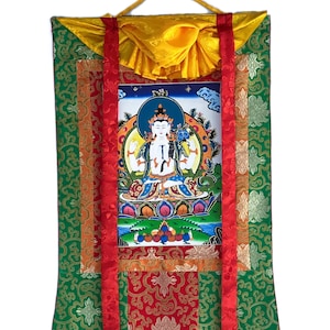 Chaturbhuja ( Four-Armed) Avalokiteshvara/ Chyangresi/ Chenrezig, Original Tibetan Thangka Painting/Hand Painting with Silk Brocade