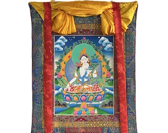 White Tara/ Sita Tara/ Goddess of Compassion /Tibetan Thangka Painting/ Original Buddhist  Art/ mounted with High Quality Silk Brocade