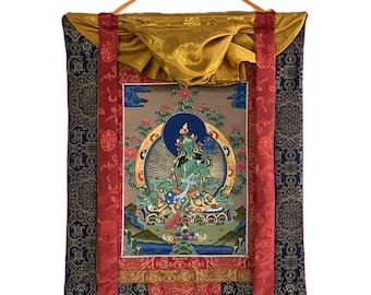 Original Hand-Painted Green Tara/Shyamatara Thangka | Tibetan Mother Goddess Artwork | Premium Silk Brocade | Meditation & Healing Art