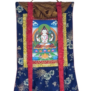 Four Armed Chyangresi/ Chenrezig/Avalokiteshvara Fine Quality Tibetan Thangka Painting Original Hand Painting with Silk Frame
