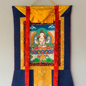 4-Armed Avalokiteshvara, Lokeswor, Chyangresi, Chenrezig, Thangka Painting with Silk Brocade