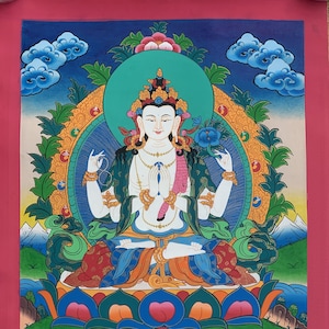 4 -Armed, Chyangresi, Chenrezig, Avalokiteshvara, Fine Quality, Tibetan Thangka Painting, Original Hand Painting  15 x 20 Inch