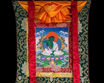 Milarepa/ Tibetan Yogi/ Siddha/ Poet Thangka Painting Original Hand Painting Buddhist Art  Bordered with Silk