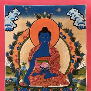 Medicine Buddha/ Medicine Master/ Bhaisajyaguru Tibetan Thangka Painting Original Hand Painted Buddhist Meditation Art