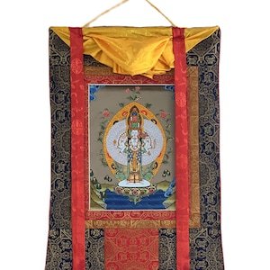 Avalokiteshvara/ Chenrezig/ Lokeswor Bodhisattva of Compassion / Tibetan Thangka Painting/  Original Art with Premium Silk Brocade