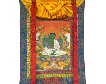 Milarepa Thangka Painting - Authentic Tibetan Yogi Siddha Artwork | Premium Silk Brocade Wall Hanging | Unique Spiritual Decor