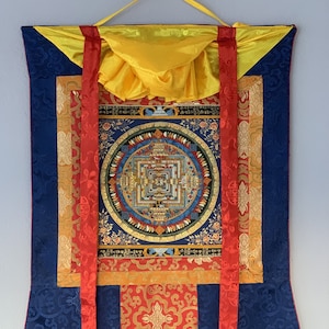 Wheel of Life, Wheel of Time, Kalachakra Om Mantra Mandala, Tibetan Thangka Painting, Original Art  with Silk Frame