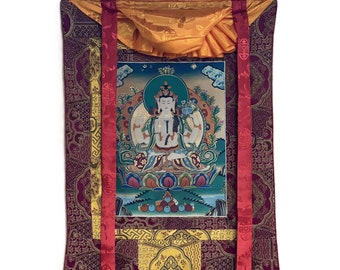 Four Armed Avalokiteshvara/ Lokeswor/ Chyangresi/ Chenrezig Old Smoky Tibetan Thangka Painting with High-Quality Silk Brocade