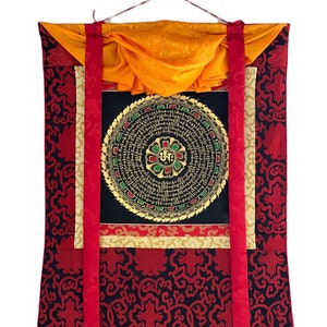 Kalachakra Mandala Wheel of Life Black and Gold Original Tibetan Thangka Painting Wall Hanging/  Meditation Art with Silk Brocade