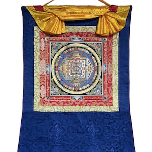 Wheel of Life/ Wheel of Time/ Kalachakra Mandala Original Tibetan Thangka Painting/Wall Hanging Meditation Art with Silk Brocade