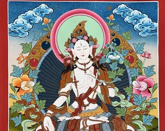 May include: A colorful painting of a deity sitting on a lotus flower. The deity is white with a golden crown and jewelry. The deity is surrounded by flowers and clouds. The painting is done in a traditional Tibetan style.