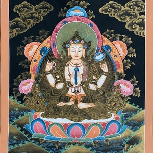 4 Armed, Chyangresi, Chenrezig, Avalokiteshvara, Master Quality, Tibetan Thangka Painting, Original Hand painted Art 13 x 18 Inches