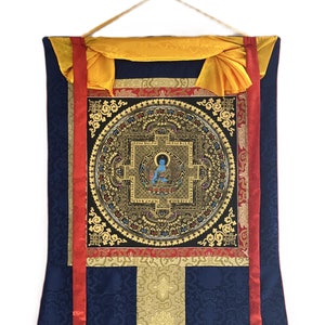 Medicine Buddha Mandala Tibetan Thangka Painting - Original Hand-Painted Art with Silk Brocade for Meditation, Healing & Spiritual Wellness