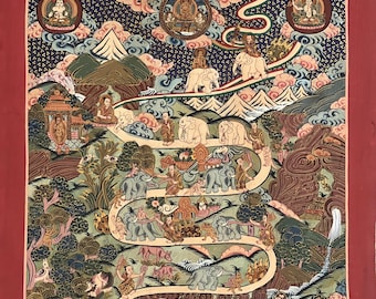 手描きの象の道サマタ瞑想天国/涅槃への道チベットタンカ絵画