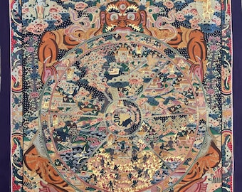 Pode incluir: Uma pintura budista tibetana colorida que representa a Roda da Vida, um mandala que representa o ciclo de renascimento e sofrimento. A figura central é Yama, o Senhor da Morte, rodeado por várias divindades e símbolos.