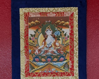 White Tara Sitatara Goddess of Compassion Master Quality Tibetan Thangka Painting, Original Art with Narrow Brocade