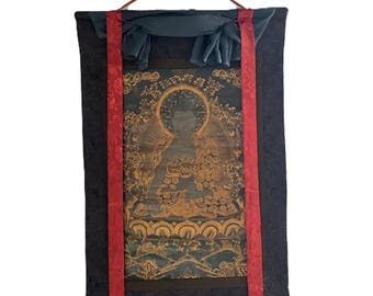 Medicine Buddha/ Bhaisajyaguru Tibetan Thangka Painting Old Oil-Varnished Original Hand Painting/Art with Cotton Brocade