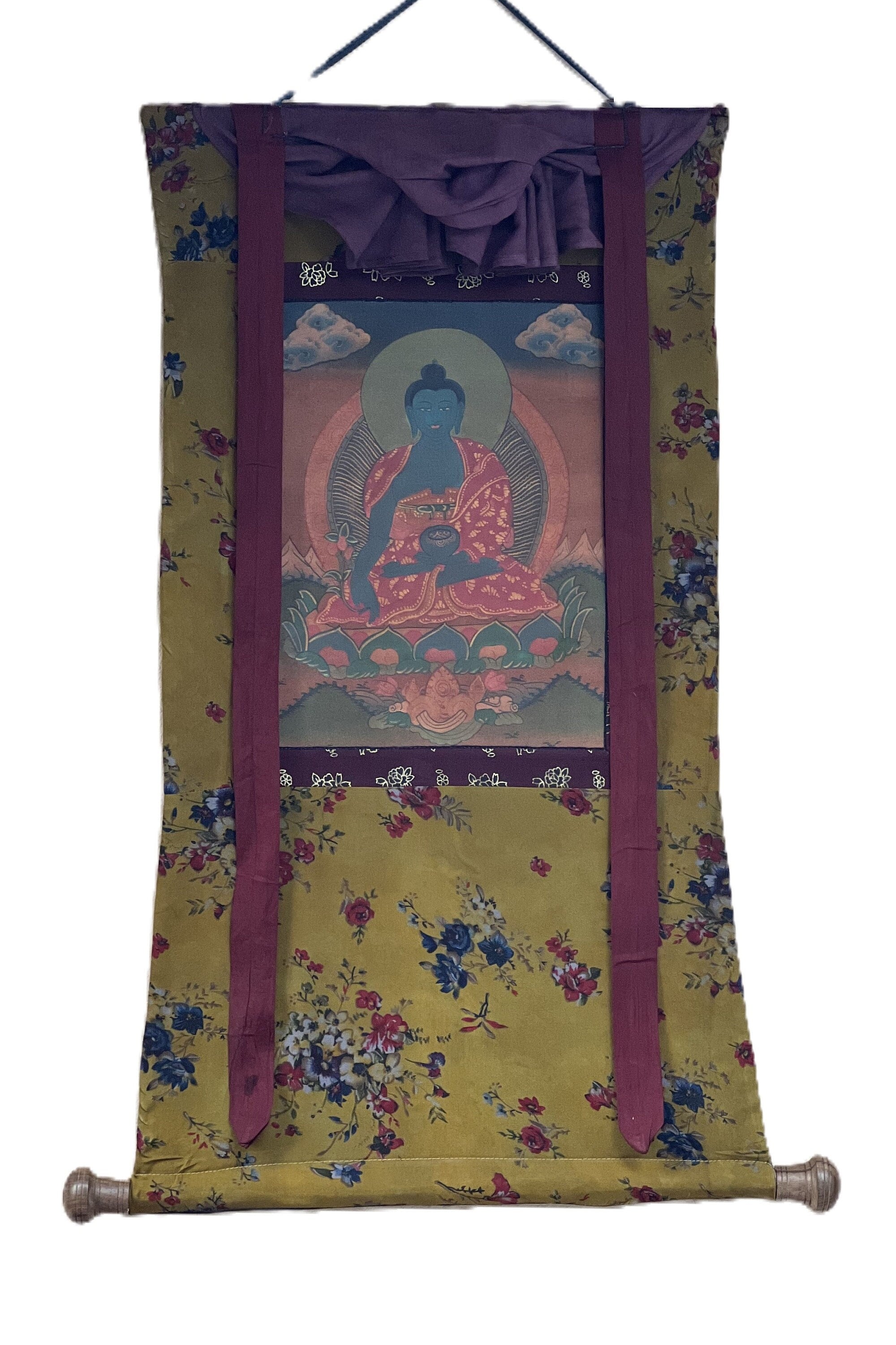 Medizin Buddha/ Bhaisajyaguru tibetische Thangka Malerei altes öl-lackiertes Original Handbild/ Kunst mit Baumwollbrokat