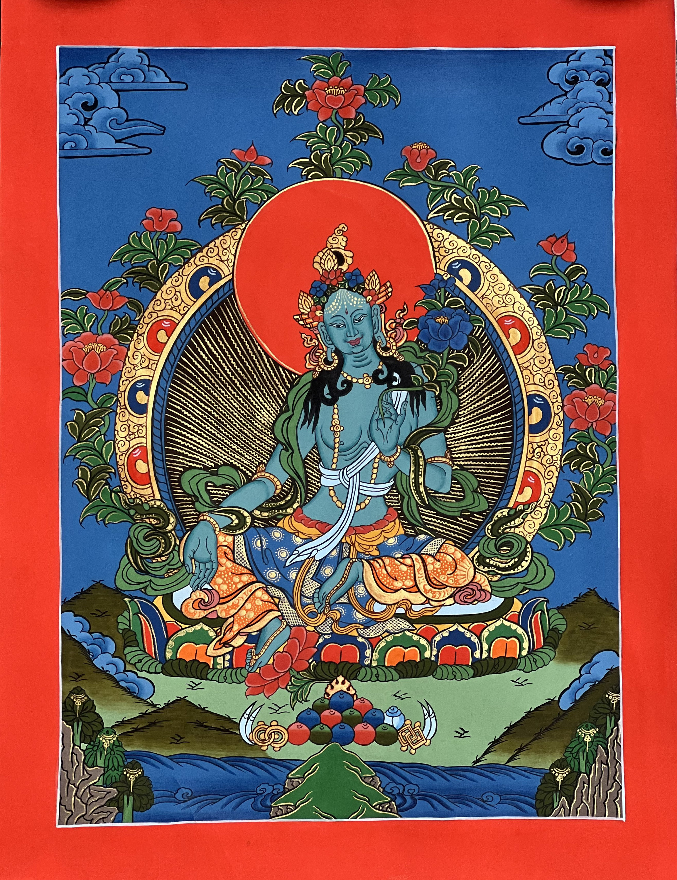 Blue Tara Mother Goddess of Protection Hand Painted Tibetan Thangka Painting Original Buddhist Meditation Art