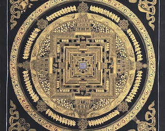 Black and Gold Kalachakra Mandala Thangka | Hand-Painted Tibetan Wheel of Time Buddhist Art