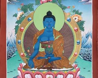 Medicine Buddha Medicine Guru Bhaisajyaguru Masterpiece Master Quality Gold Tibetan Thangka Painting Original Hand Painted Art 15 x 20 Inch