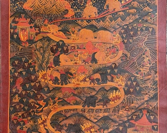 手描きの象の道サマタ瞑想天国/涅槃への道チベットタンカ絵画