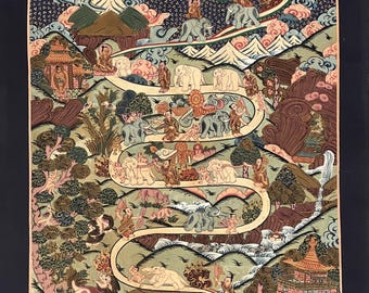 手描きの象の道サマタ瞑想天国/涅槃への道チベットタンカ絵画