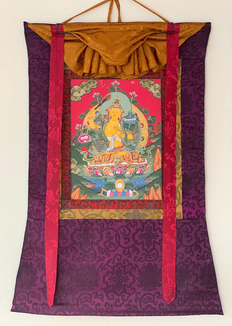 Manjushri, Manjusri, Manjushree, shops Thangka Painting, Original Art with Silk Brocade