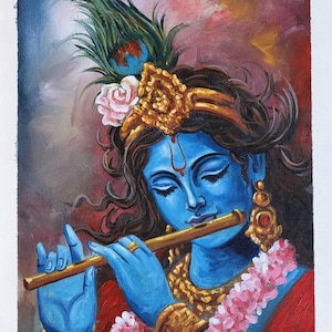 May include: An oil painting depicts a blue-skinned figure playing a flute. The figure wears a gold crown, earrings, and armbands, with a peacock feather and pink flower in their hair. A pink garland adorns their neck, and the background is a blend of red, brown, and blue.