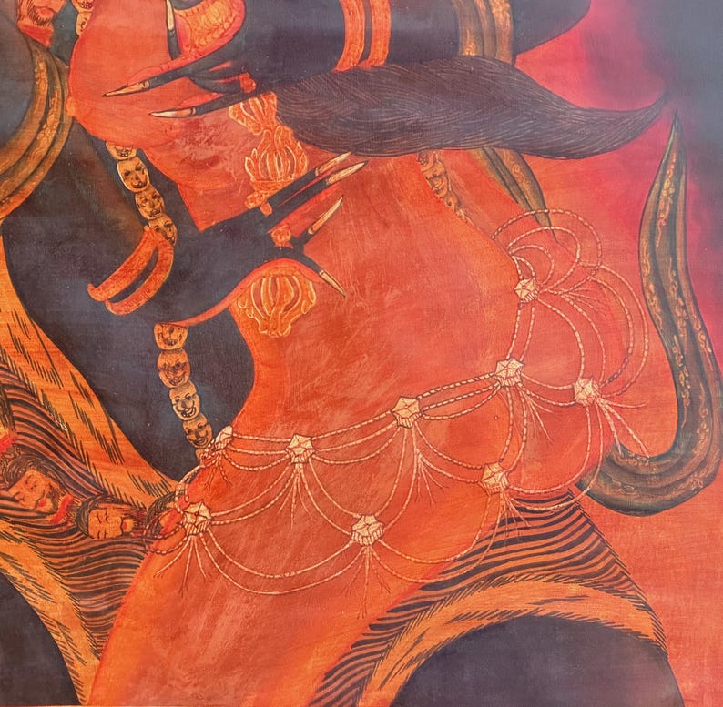 May include: A vibrant painting featuring a central figure with orange skin, adorned with a delicate gold-toned beaded waist chain and dark, claw-like hands. The composition includes intricate patterns, small face motifs, and flowing dark fabric elements.