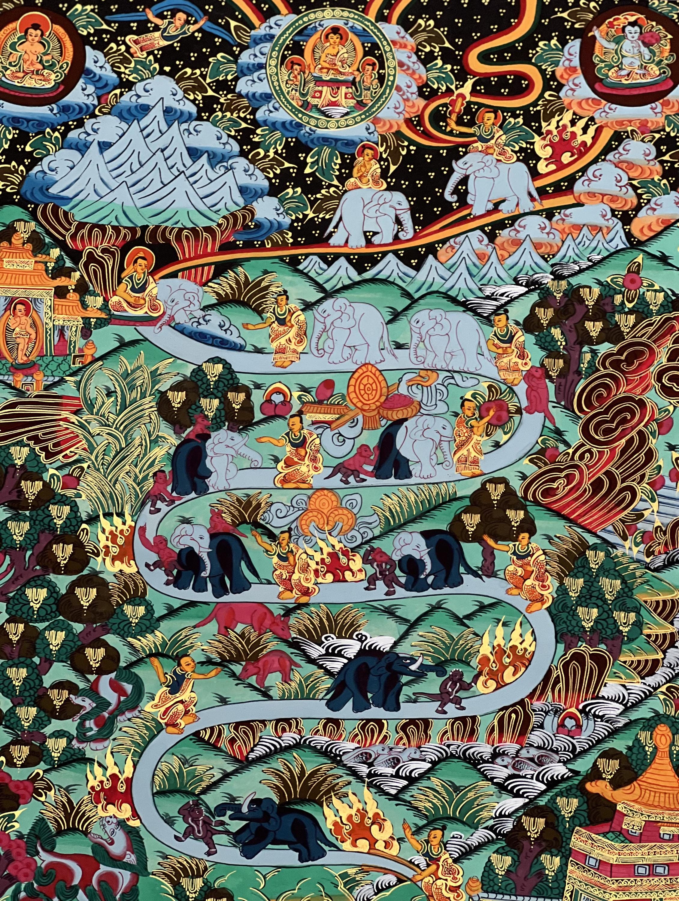 チベットタンカ画 - 象たちと九段サマタ瞑想 パタ - 平和