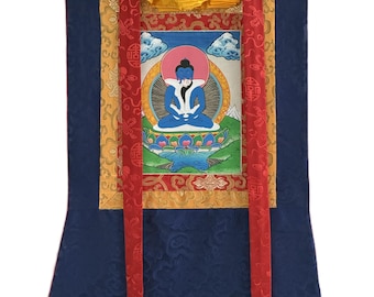 Hand-Painted Samantabhadra Thangka with Silk Brocade | Small Tibetan Buddha Shakti Meditation Art