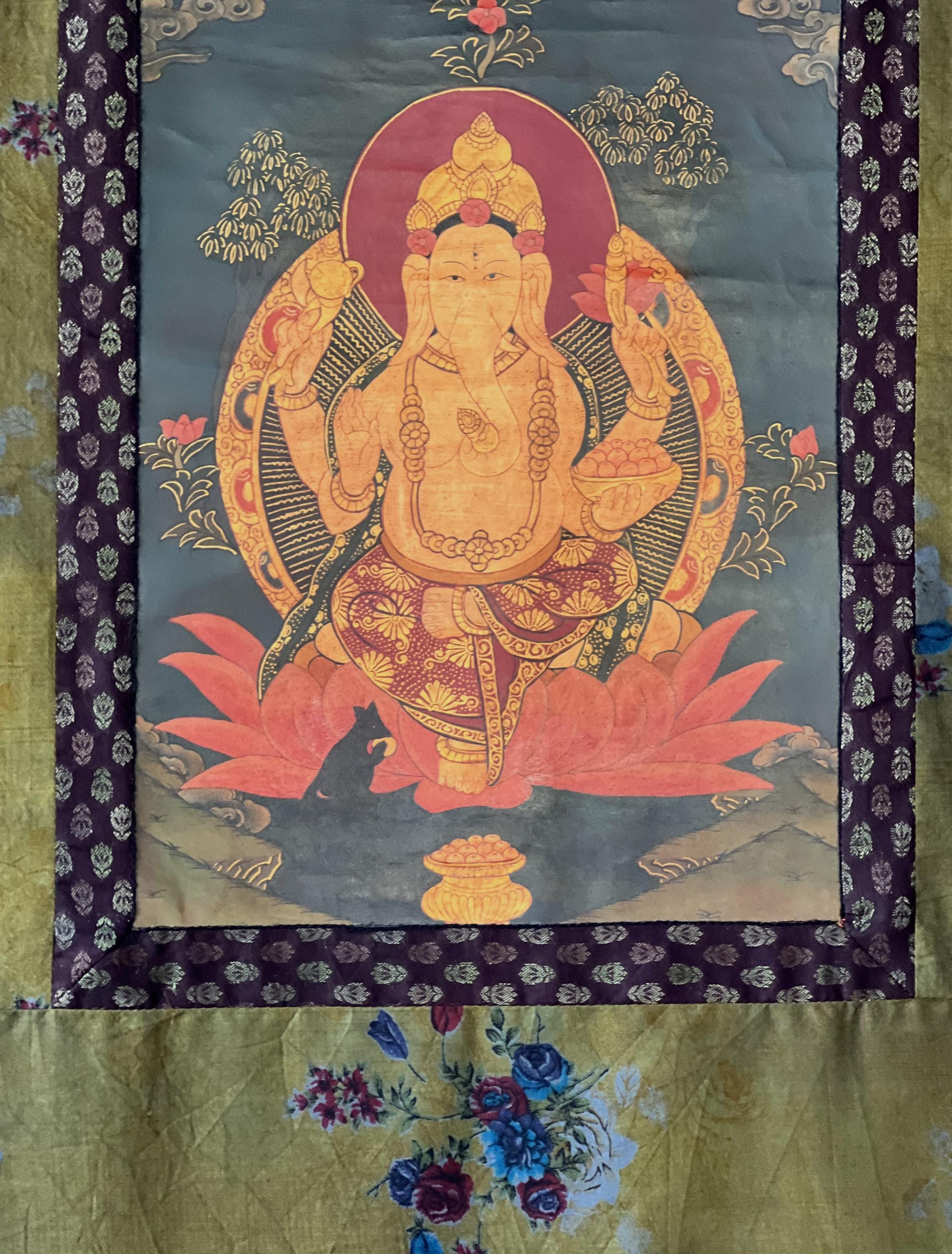 ガネーシャ神またはヴィナヤカ タンカ絵画 | 傑作油ニス塗りオリジナル